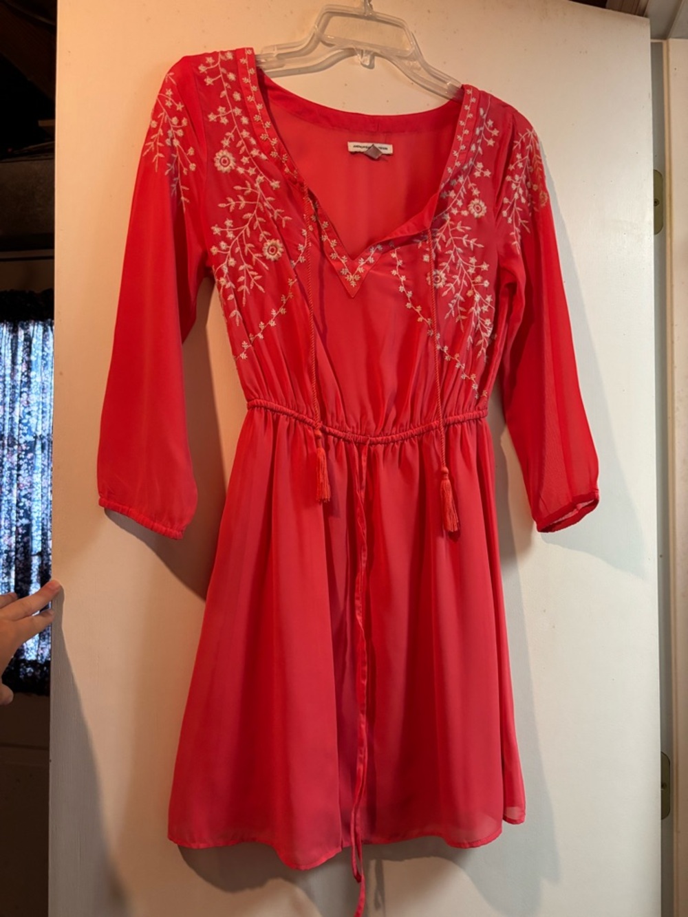American Eagle Outfitters Coral Red Embroidered V-Neck Mini Dress